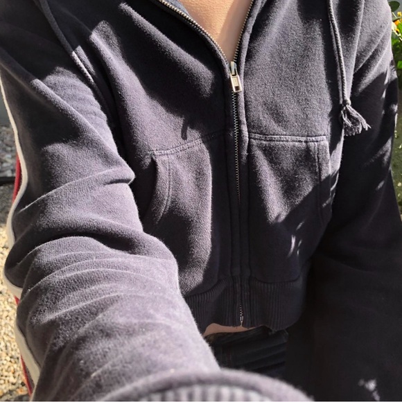 Brandy Melville Navy Blue Cropped Zip-up Hoodie w/ stripes on sleeves - Picture 9 of 10
